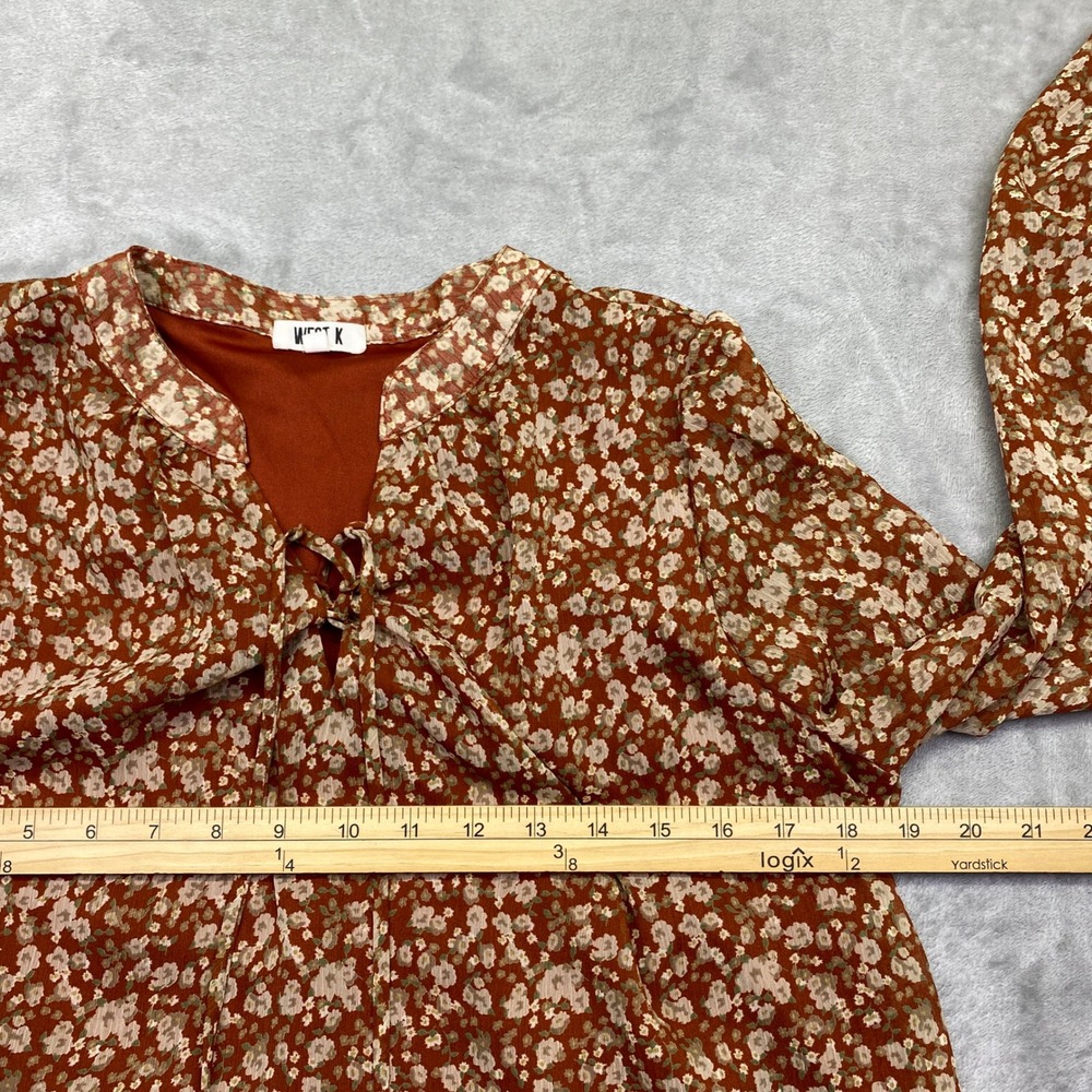 West K Jessica Rust Orange Floral Ditsy Print Tie Neck Bell Sleeve Blouse Sz L‎ - Picture 4 of 8
